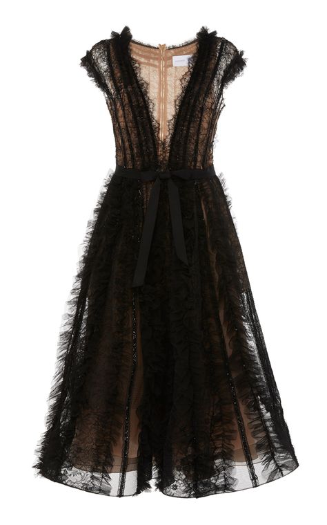 A-Line Tulle Midi Dress by MARCHESA Now Available on Moda Operandi Marchesa Fashion, Tulle Midi Dress, Midi Ruffle Dress, Fall Collection, Lace Midi Dress, Marchesa, Black Cocktail Dress, Mode Inspiration, Pre Fall