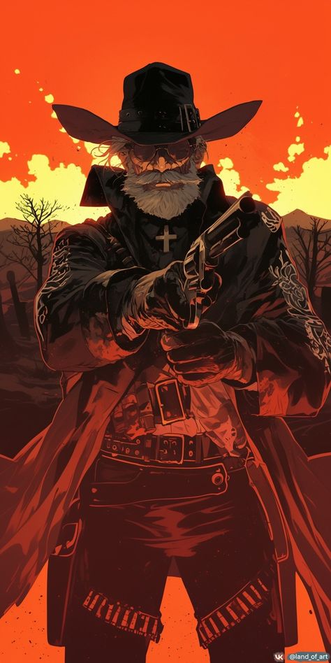 Did you like the art and want it in higher resolution? Follow the link and check out the album - https://t.me/arttach Cowboy Dnd Art, 1800s Cowboy Aesthetic, Magical Gunslinger, Flame Thrower Character Design, Dark Cowboy Art, Old Cowboy Drawing, Gunslinger Illustration, Fantasy Western Art, D&d Gunslinger