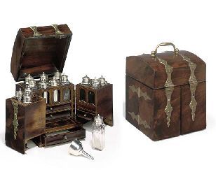 A mid 18th-Century Continental mahogany domestic medicine chest with ornamental brass strap-work and inlay, of trunk style with domed lid and double doors to the front, the interior with marquetry decoration throughout and fenestrations to reveal contents of bottles, the doors with two drawers surmounted by fitted area housing four bottles, the central upper section partitioned to house a further five similar bottles and two silver canisters... Kitchen Chest, Kule Ting, Kitchen Box, Medicine Chest, Apothecary Cabinet, Medical Kit, Vintage Medical, Spice Box, Camp Kitchen