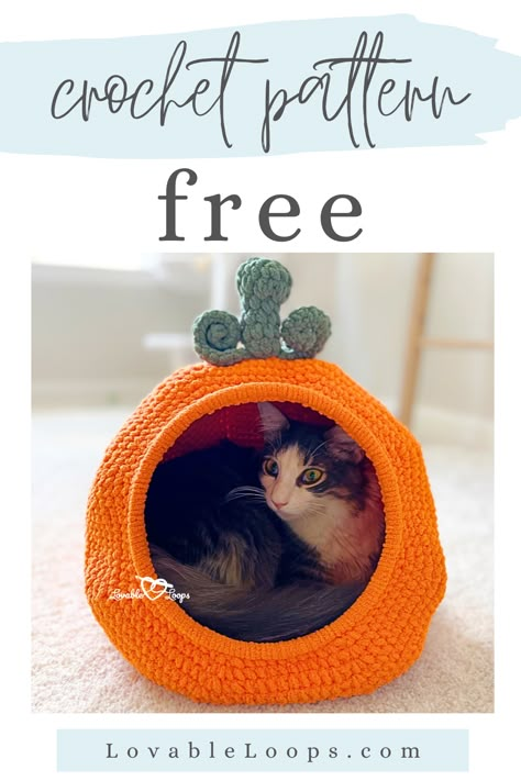 Cozy Pumpkin Crochet Cat Bed made with chunky yarn. Perfect free and easy DIY project for fall decor and Thanksgiving. Crochet Cat Sack Free Pattern, Crochet Cat Tunnel Pattern Free, Crochet Cat Furniture, Diy Cat Cave Bed, Cat Cave Crochet Pattern Free, Cat Pod Crochet, Crochet Cat House Free Pattern, Crochet Cat Pod Free Pattern, Crochet Cat Pod