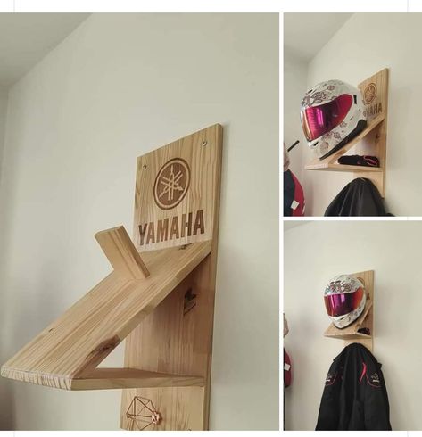 Diy Motorcycle Helmet Rack, Helmet Holder Motorcycle, Helmet Holder Diy, Diy Helmet Rack, Motorcycle Gear Storage, Helmet Shelf, Motorcycle Helmet Rack, Helmet Hanger, Minwax Stain Colors