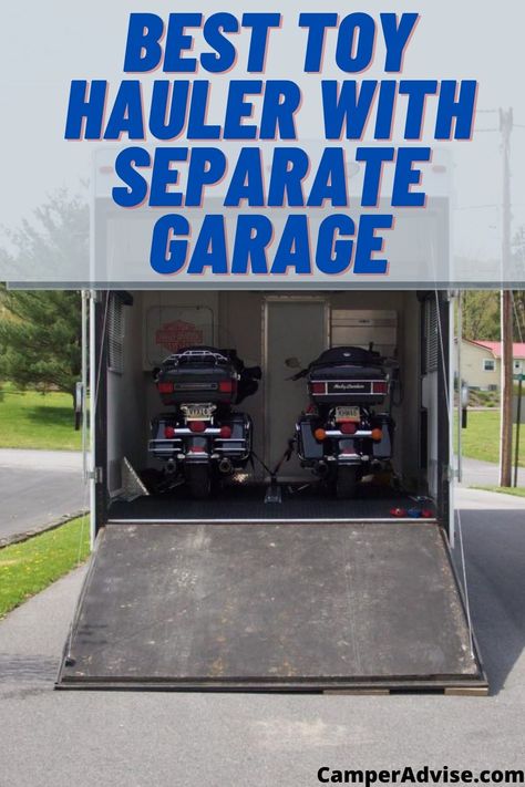 In this article, I have listed 8 Best Toy Hauler with Separate Garage. These towable toy haulers with separate garage are perfect if you have big toys. Toyhauler Garage Bedroom, Toy Hauler Garage Remodel, Toy Hauler Organization, Camper Organization Rv Living, Big Toys, Camper Organization, Toy Haulers, Rv Ideas, Toy Hauler