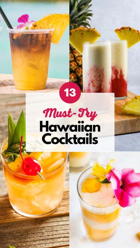 Hawaiian Cocktails Hawaiian Theme Drinks, Island Drinks Recipes, Luau Party Cocktails, Hawaiian Style Food, Hawaiian Alcoholic Drinks, Tiki Bar Drinks Cocktail Recipes, Easy Tropical Drinks, Luau Party Drinks Alcohol, Hawaii Drinks Cocktails