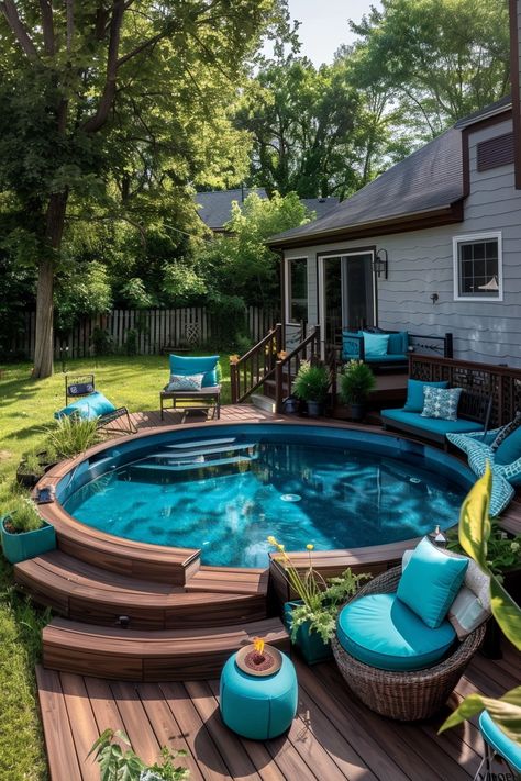 Budget-Friendly Above Ground Pool Deck Ideas Spool Pool Above Ground, Semi Inground Pool With Deck, Fancy Above Ground Pools, Pool Built Into Deck, Landscaping Ideas For Small Backyards, Above Ground Pool Surround Ideas, Above Ground Pool Ideas On A Budget, Half In Ground Pool Ideas, Back Deck With Pool