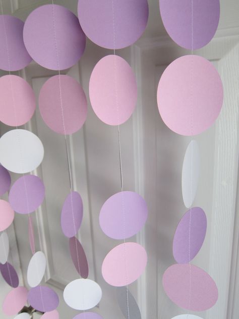 Paper Garland,  White, Pink, and Purple Circles Dangling Decorations, Baby Shower Decorations, Birthday, Wedding, Showers. $22.00, via Etsy. Schnee Party, Diy Babyshower, Pink Diy, Pink Sweets, Baby Shower Purple, Baby Shower Girl, Girl Baby Shower Decorations, Heart Lights, Diy Birthday Decorations