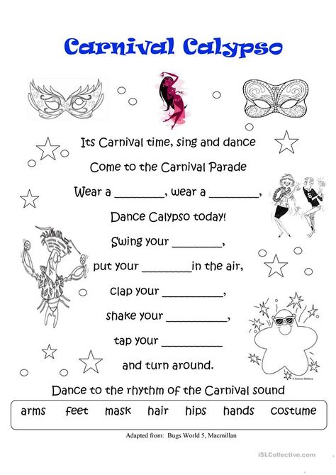 Carnival Calypso - English ESL Worksheets Carnival Song, Carnival Activities, Nursery Rhymes Activities, Kids Carnival, Rhyming Activities, Activities Games, Carnival Themes, English Activities, School Staff