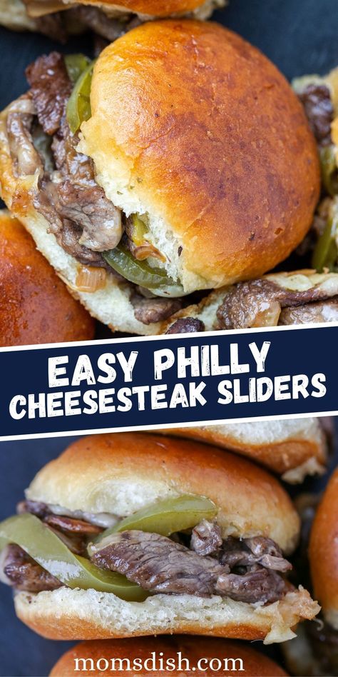 Easy Philly Cheese Steak Sliders, Philly Sliders, Cheese Steak Sliders, Sliders Sandwiches, Steak Sliders, Philly Cheesesteak Sliders, Party Sliders, Cheesecake Shooters, Cheesesteak Sliders