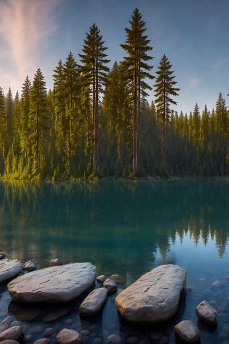 A Peaceful Lake Surrounded By Tall Trees, Ai Generated Image Tree Images, Tree Photography, Tall Trees, Blue Tree, Nature Tree, Pencil Portrait, Mountain Lake, Graphic Design Print, Landscape Trees