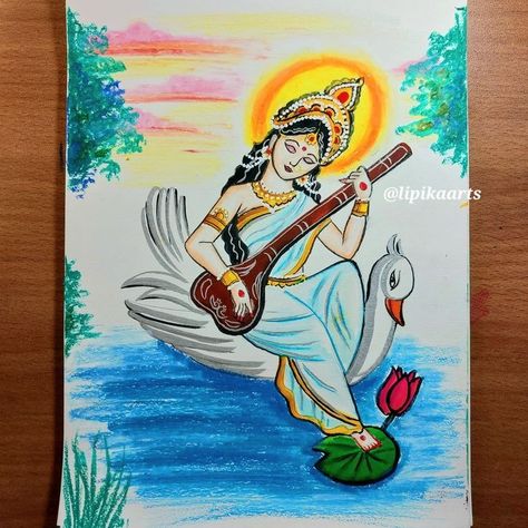 Saraswati Pencil Sketch, Unique Drawings Creative, Saraswati Maa Drawing, Maa Saraswati Drawing, Creative Pencil Art, Navratri Diy, Saraswati Drawing, Simple Drawings For Kids, Aari Tracing Paper