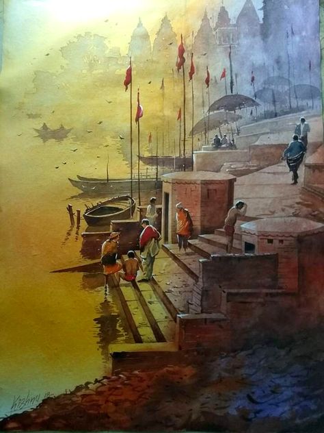 Kishnu kurmi painting 25 Indian Temples Painting, Haridwar Painting, Chandramukhi Painting, Varanasi Ghat Painting, Varanasi Painting, Ghat Painting, Indian Journal, Watercolor Indian, Village Painting