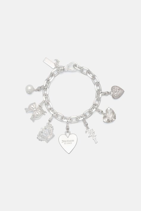 SILVER CHUNKY JC CHARM BRACELET Chunky link bracelet in silver. Featuring a mini 'JC' charm and adjustable chain and oversized lobster clasp. Customise with the 'Juicy' charms to complete the look. *Please note: all jewellery is packaged in a black branded Juicy Couture box. _____ Colours: SILVERMaterial: SILVER PLATEDTotal Length: 16 cmWith extension: 3 cmCharm size: LW:19mm/LL:19mmWeight: 35 GramsStyle ID: JCJCHB2220152-115 Chunky Silver Jewelry, Juicy Charms, Jewellery Wishlist, Chunky Silver Jewellery, Chunky Silver Bracelet, Chunky Jewellery, Juicy Couture Charms Bracelet, Colourful Jewellery, Dope Jewelry Accessories