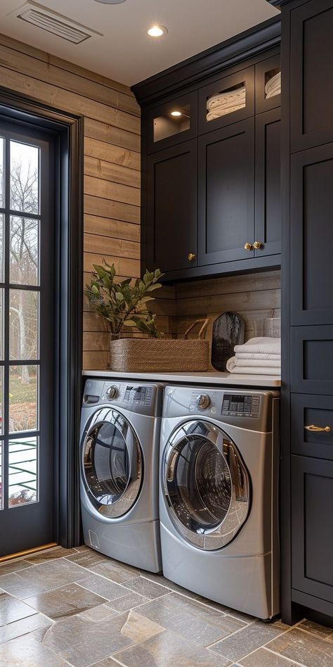 Utility Room Black Appliances, Small Utility Laundry Room Ideas, Black And Wood Laundry Room, Elegant Laundry Room Ideas, Black Cabinets Laundry Room, Black Washer And Dryer Laundry Room, Laundry Room In Kitchen, Dark Laundry Room, Small Laundry Room Storage Ideas