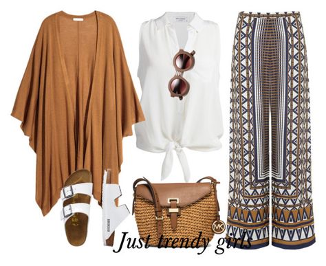 "palazzo pants outfit" by justtrendygirls ❤ liked on Polyvore featuring Equipment, H&M, Topshop, TravelSmith and MICHAEL Michael Kors Bohemian Style Hijab, Poshmark Outfits, Denim Combination, Rocker Chic Outfit, Palazzo Pants Outfit, Golden Accessories, Waterfall Cardigan, Casual Hijab Outfit, Style Hijab