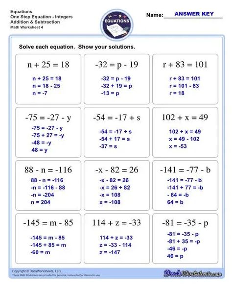 The one step equations worksheets on this page include problems with integers and fractions for a variety of math operations. These basic algebra worksheets are appropriate practice for 6th grade, 7th grade and 8th grade students. Full answer keys are included on the second page of each PDF file. https://www.dadsworksheets.com 8th Grade Math Worksheets With Answers, Grade 6 Math Worksheets With Answers, 6 Grade Math Worksheets, 7th Grade Math Worksheets Free Printable, Grade 8 Lessons, 8th Grade Worksheets, Algebra Basics, Basic Algebra Worksheets, Algebra Equations Worksheets