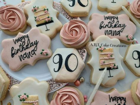 Royal icing decorations, rose gold accents, 1M tip, and hand painted cake 90th Birthday Cookies, Hand Painted Cake, Rose Gold Birthday, Icing Decorations, Painted Cake, Happy 80th Birthday, Hand Painted Cakes, Royal Icing Decorations, Rose Gold Accents