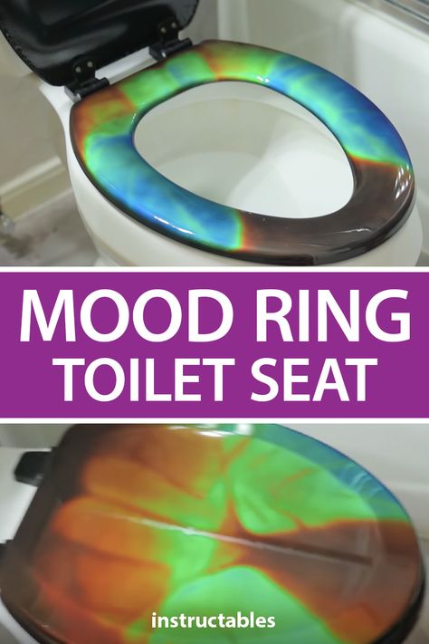 Using thermochromatic liquid crystals on a toilet seat allows it to change colors from your body heat when you sit on it.  #Instructables #home #bathroom #joke #prank #mood #temperature Painting Toilet Seat Diy, Painted Toilet Seats, Toilet Seat Ideas, Glitter Toilet Seat, Resin Toilet Seat, Shady Hollow, Bathroom Mosaic Tiles, Color Changing Paint, Rainbow Bathroom