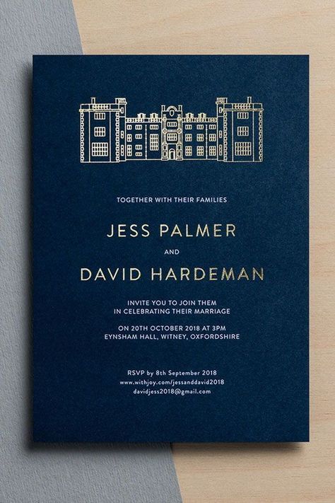 Wedding Stationery Trends 2020 - Navy | Foil Wedding Invitations - Navy and gold are a striking combination. This colour scheme can perfectly complement the vivid natural colours and has an unparalleled elegance with our Modern Venue illustration design.   #WeddingInvitations #WeddingStationery #WeddingVenue #GoldFoil Formal Invitation Card Design, Invitation Event Design, Invite Design Ideas, Invitation Letter Design, Wedding Invitations Illustration, Elegant Invitation Card, Corporate Invitation Design, Luxury Typography, Elegant Invitation Design