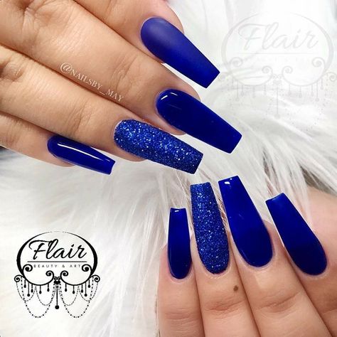 Dark Royal Blue Nails Acrylic, Dark Blue Acrylic Nails Glitter, Nails Acrylic Royal Blue Silver, Dark Blue Long Nails With Design, Midnight Blue Coffin Acrylic Nails, Blue Coffin Nails, Blue Glitter Nails, Royal Blue Nails, Indigo Nails