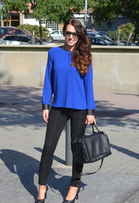 Cobalt Blue Top Outfit, Blue Top Black Jeans, Electric Blue Top Outfit, Polyvore Outfits Spring, Blue And Black Outfit, Cobalt Blue Outfit, Blue Top Outfit, Blue Outfit Ideas, Work Wear Spring