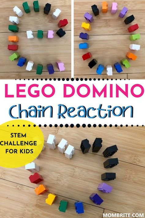 Explore kinetic energy and chain reaction with your kids at home with this LEGO domino activity! A STEM challenge that is bound to be intriguing and educational for your troop at home, this easy kids science experiment is a great way to keep them engaged while learning science.  #KidsScienceExperiment #LEGOActivitiesForKids #LEGODominoChainReaction Domino Chain Reaction, Kids Science Experiment, Domino Crafts, Science Experiments Kids Easy, Lego Camp, Lego Math, Stem Activities Preschool, Lego Challenge, Lego Club