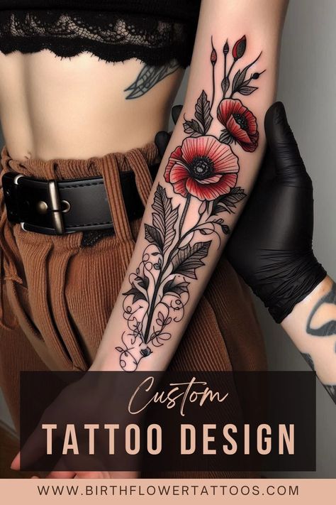 Elegant Poppy Flower Tattoo - August Birth Flower in Neo-Traditional Style August Birth Flower Tattoo Poppies, Neotraditional Sleeve, Poppy Flower Tattoos, August Birth Flower Tattoo, Poppy Flower Tattoo, Poppy Tattoo, August Birth Flower, Birth Flower Tattoos, Custom Tattoo Design