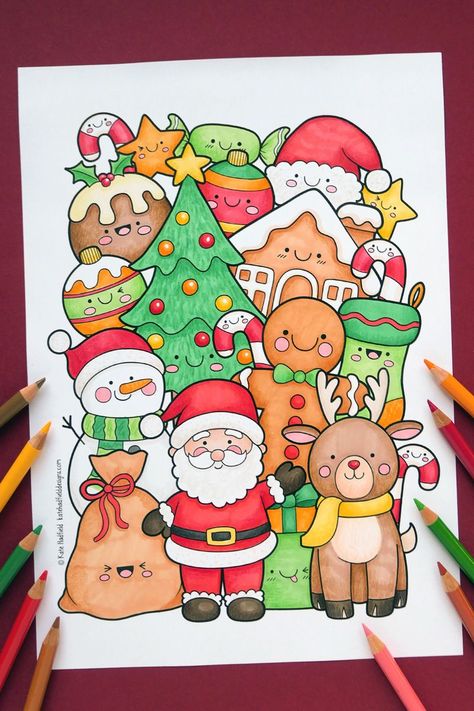 A free printable colouring page for you to create your own super cute Christmas drawing! This is a really fun coloring project for both kids and adults alike (that also makes lovely handmade Christmas cards)! Christmas Drawings For Kids, Special Drawings, Eid Sweets, Christmas Kawaii, Kawaii Doodle, Christmas Colouring, Doddle Art, Christmas Comics, Handmade Christmas Cards