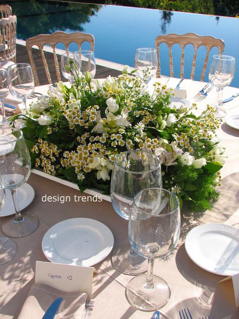 Centerpiece with chamomile and white wildflowers Chamomile Table Decor, Chamomile Table Decoration, White Wildflowers, Vase Arrangements, Long Table, Table Arrangements, Table Flowers, Dining Table Decor, 1st Bday