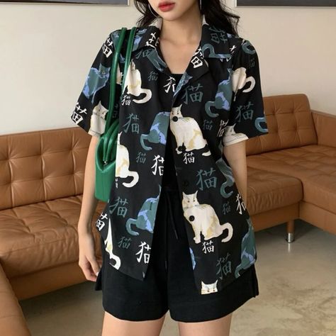 Black Long Sleeve Henley, The Color Blue, Cute Sleepwear, Cat Hair, White Button Up, Button Up Top, Summer Style Casual, Kawaii Clothes, Fashion Korean