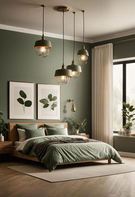 25 Gorgeous Sage Green & Cream Bedroom Ideas You'll Love 19 Sage And Oak Bedroom, Dark Green And Taupe Bedroom, Green Palette Bedroom Ideas, Natural Green Bedroom Ideas, Bedrooms With Dressers, Cafe Style Bedroom, Sage Green And Gold Bedroom Ideas, Moody Sage Green Bedroom, Calming Bedroom Colours