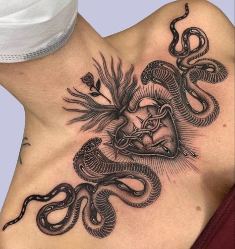 Tattoo Neck Ideas, Neck Ideas, Mother Mary Tattoos, Crocodile Tattoo, Heart Tattoo Design, Japanese Snake Tattoo, Clavicle Tattoo, Tattoo Neck, Mary Tattoo