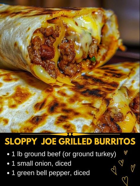 Recipes on a budget | # **SLOPPY JOE GRILLED BURRITOS** | Facebook Grilled Burritos, Braised Steak, Recipes On A Budget, Ground Beef And Potatoes, Baked Dinner, Green Bell Pepper, Burritos Recipe, Oven Chicken, Sloppy Joe