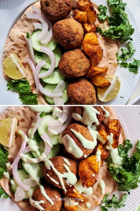 Falafel Wrap - My Dainty Kitchen Falafel Balls, Chickpea Meatballs, Falafel Wrap, Vegan Protein Recipes, Falafel Recipe, Vegan Meatballs, Vegan Dip, Middle Eastern Dishes, Vegan Mayonnaise