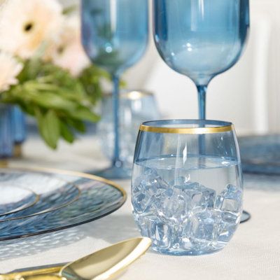 EcoQuality Disposable Plastic Blue Wine Glasses with Gold Rim★ Heavy Duty Disposable and Reusable Wine Glasses★ Stylish Blue Color with Gold Rim★ BPA Free, Food Safe, Kosher Certified★ Non-Toxic★ Glass Like Wine Glasses★ 12 Ounce Capacity★ Great for Red Wine, Blue Wine, Soda, Grape Juice, Champagne★ Shatter Resistant★ Used for Elegant Dinners, Weddings, Events, Parties, Family Gatherings★ Easy Clean Up with a Glass Like Look & Feel★ Glossy FinishPackage arrives with your selected quantity straig Glasses With Gold Rim, Blue Drinking Glasses, Wedding Plastic Cups, Blue Wine Glasses, Plastic Wine Glasses, Blue Glassware, Wedding Cups, Disposable Plates, Wine Wedding