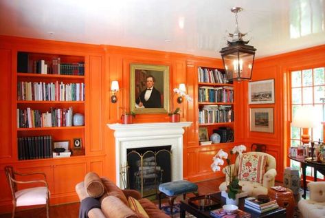 50 Fabulous Orange Rooms! - The Glam Pad Blue Wallpaper Interior Design, Blue Wallpaper Interior, Orange Library, Orange And Blue Wallpaper, Cozy Home Library Ideas, Decorating With Orange, Library Design Home, Powder Room Laundry, Interior Design Courses Online