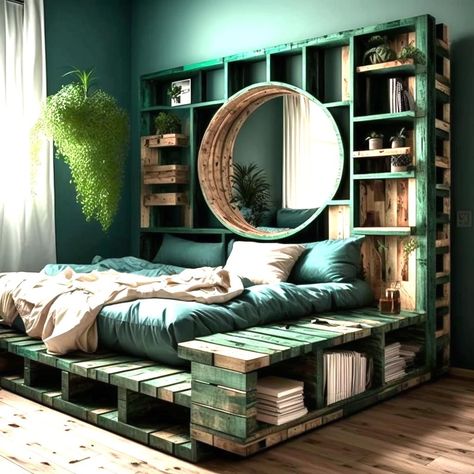 Cool Bed Frame Ideas, Palette Bed Aesthetic, Bed Models Ideas, Queen Bed Frame Ideas, Palette Bed, Wallpaper Bedroom Aesthetic, Diy King Bed Frame, Pallet Bed Frame Diy, Space Saving Furniture Bedroom