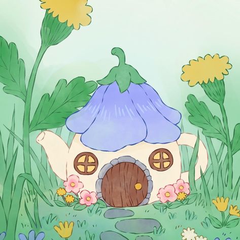 Fairy House Drawing, Cottagecore Drawing, Blue Widget, Iphone Theme, Wall Murals Painted, Watercolor Projects, Diy Pottery, 판타지 아트, Fairy House