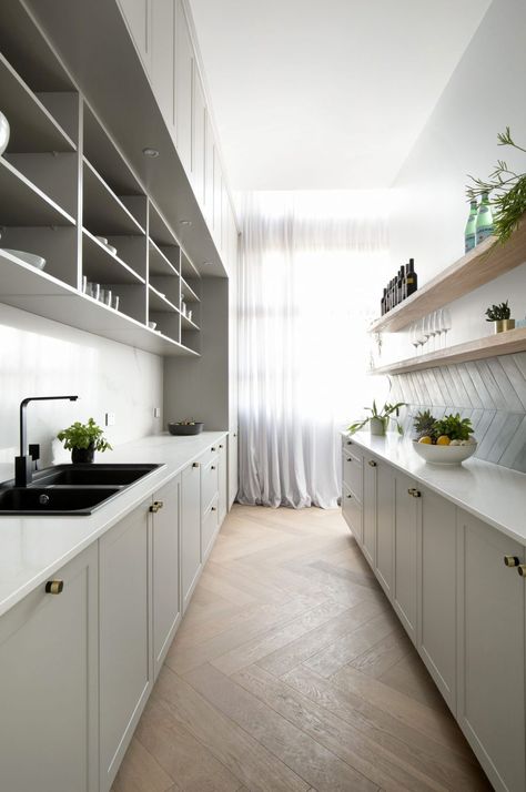 The Block 2018: my tour of kitchens, laundries and wardrobes - getinmyhome. Stunning hamptons kitchen and butler's pantry / walk in pantry with herringbone tiles and timber parquetry flooring. Shaker cabinets. #hamptonskitchen #kitchenideas #kitchendecor The Block Kitchen, Long Narrow Kitchen, Feeling Nervous, Hamptons Kitchen, Butler’s Pantry, Narrow Kitchen, Butlers Pantry, Kitchen Pantry Design, Kitchen Pantry Cabinets