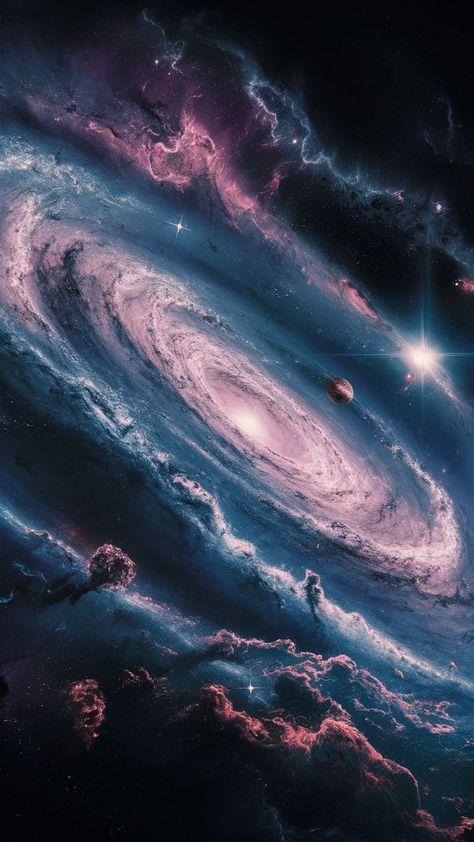 Immerse yourself in a visually stunning space-themed wallpaper that showcases a mesmerizing view of a vast and intricate galaxy. Experience the swirling nebulae, shimmering stars, and distant planets illuminated by the radiant light of a nearby supernova, creating a breathtaking display of cosmic beauty. The rich palette of purples, deep blues, and bright whites contrasts beautifully against the dark void of the universe, while cosmic dust adds an ethereal quality. Intricate patterns formed by star clusters provide depth and dimension to this awe-inspiring cosmic scene, capturing the vastness and wonder of space. Perfect as a background for any screen, this wallpaper invokes a sense of infinity and exploration. Space Themed Wallpaper, Dark Void, 16 Wallpaper, Cosmic Dust, Beautiful Universe, Star Clusters, Greek Pantheon, Space Odyssey, Ios 16