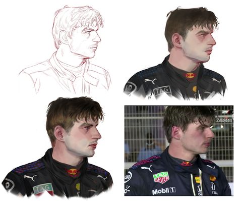 “I usually make a very detailed sketch and then paint the colors, as shown in the image below, but this time I tried to skip the detailed sketch step, and I'm glad I didn't fail” Max Verstappen Portrait, Max Verstappen Artwork, Max Verstappen Fanart, Max Verstappen Drawing, F1 Drawing, F1 Artwork, F1 Art, Flying Dutchman, Dancing In The Dark