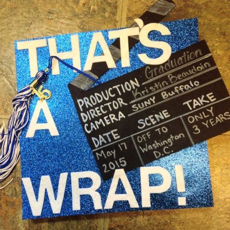 That’s A Wrap Grad Cap, Graduation Cap Designs Film, Film Grad Cap, Film Graduation Cap, Simple Cap Decoration Graduation, Percy Jackson Graduation Cap, Theater Major, Film Clapper, Caps Design