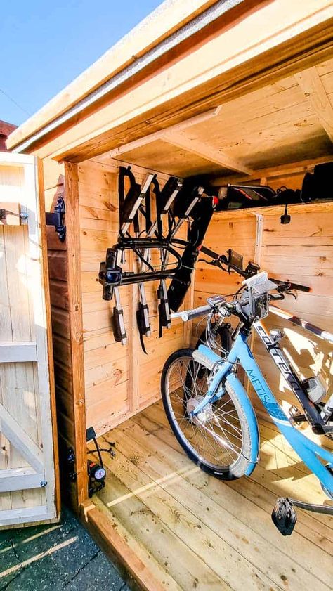 DIY Bike Shed With Free Plans (7ft x 4ft) - The Carpenter's Daughter Diy Bike Shed, Diy Bike Storage, Bike Storage Shed, Bicycle Storage Shed, Shed Diy, Diy Bike Rack, Bike Shelter, Tongue And Groove Cladding, Flush Trim Router Bit