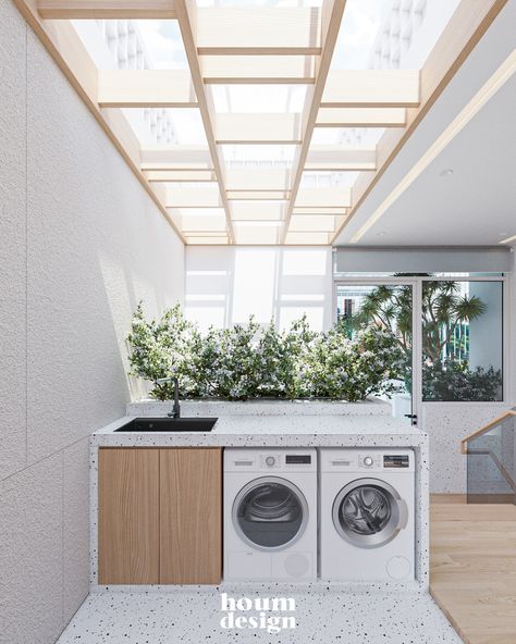 VT HOUSE on Behance Skylight In Laundry Room, Skylight Laundry Room, Laundry Rooftop, Japanese Laundry Room, Japanese Apartment Design, Japanese Rooftop, Japanese Apartment, Laundry Space, Terrace Decor