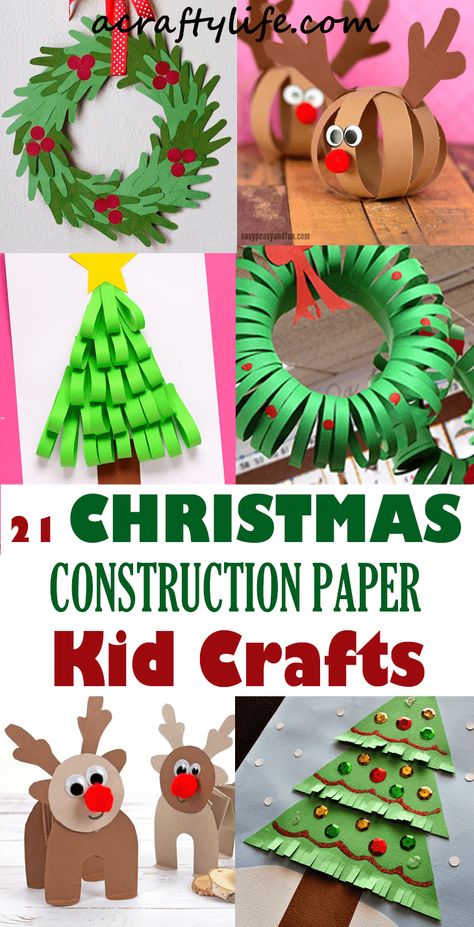 21 Christmas Construction Paper Crafts for Kids - A Crafty Life Paper Christmas Crafts For Kids, Crafts Paper Easy, Construction Paper Christmas Crafts, Paper Christmas Crafts, Construction Christmas, Construction Paper Crafts, Christmas Crafts For Toddlers, Paper Christmas Decorations, Preschool Christmas Crafts