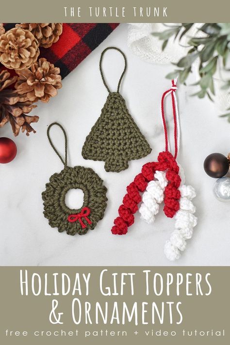 Pinterest pin for the gift topper and ornament crochet patterns from The Turtle Trunk Crochet Tree Ornaments, Crochet Christmas Balls, Crocheted Christmas Ornaments, Ornament Crochet, Crochet Christmas Wreath, Crochet Holiday, Crochet Ornament Patterns, Crocheted Christmas, Crochet Tree