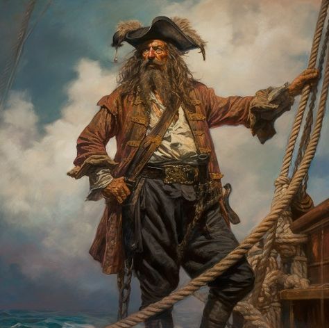 One famous pirate from history is Blackbeard, whose real name was Edward Teach. He was a notorious English pirate who operated in the West Indies and along the eastern coast of the American colonies during the early 18th century. Blackbeard is known for his fearsome appearance, with a long black beard and a habit of wearing burning fuses in his hair during battle to intimidate his enemies. Pirate Oil Painting, Pirate Pfp Aesthetic, Real Pirates Pictures, 18th Century Pirate, Pirates Artwork, Dnd Pirate Art, Pirate Painting, Pirate Battle, Real Pirates