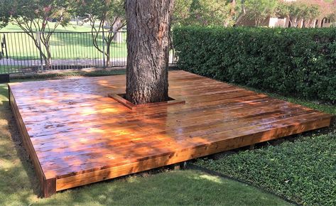 Custom Tree Wrap Around Deck Porch Around Tree, Deck With Trees Through Them, Tree Deck Ideas, Tree Deck Platform, Tree Bench Wrap Around, Deck Around Tree Ideas, Decks Around Trees, Under Tree Seating Area, Patio Around Tree