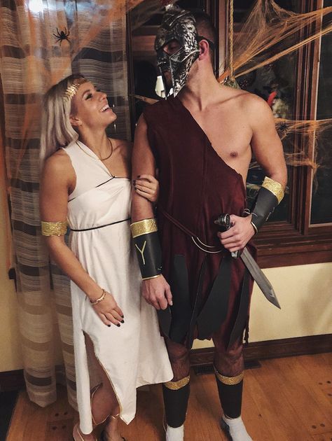 Roman Warrior Costume, Roman Couple Costume, Aphrodite And Ares Costume, Greek Halloween Costumes Couples, Gladiator Couple Costume, Gladiator Costume Women, Ares Costume, Greece Halloween Costumes, Greek Warrior Costume