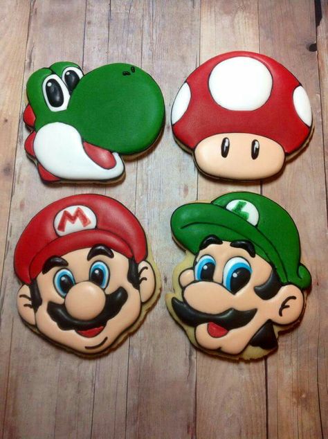 Mario Mario Cookies Decorated, Mario Brothers Cookies, Mario Cookies, Super Mario Cupcakes, Super Mario Brothers Birthday, Mario Brothers Birthday Party, Mario Bros Birthday Party Ideas, Super Mario Cake, Super Mario Bros Birthday Party