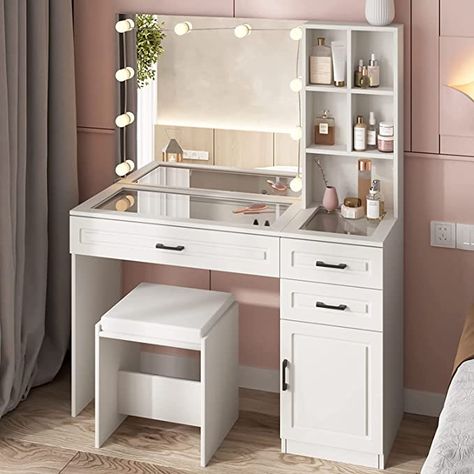 Glass Top Vanity, White Vanity Table, White Vanity Desk, Vanity Desk With Mirror, Desk With Mirror, Mirrored Vanity Desk, Vanity Table Set, Makeup Desk, Make Up Desk Vanity