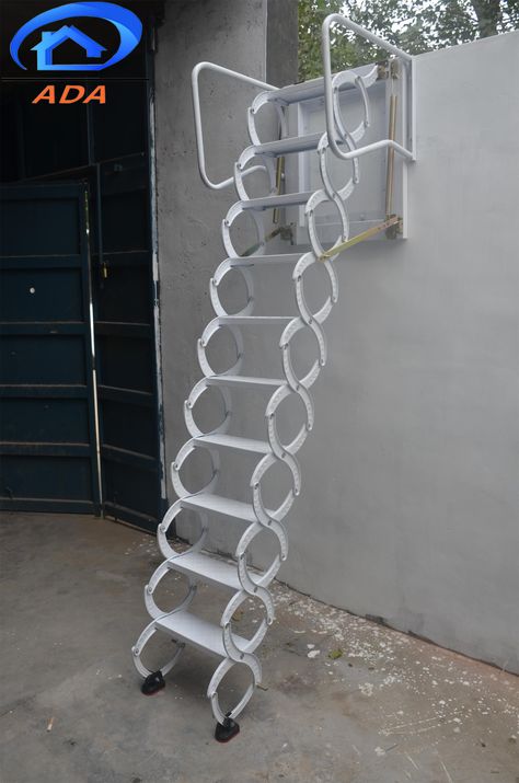 outdoor drop down wall mounted ladder Mezzanine Ladder, Folding Staircase, Loft Access, Folding Attic Stairs, Sliding Ladder, Stairs Wall, Folding Stairs, Painted Staircases, Attic Ladder